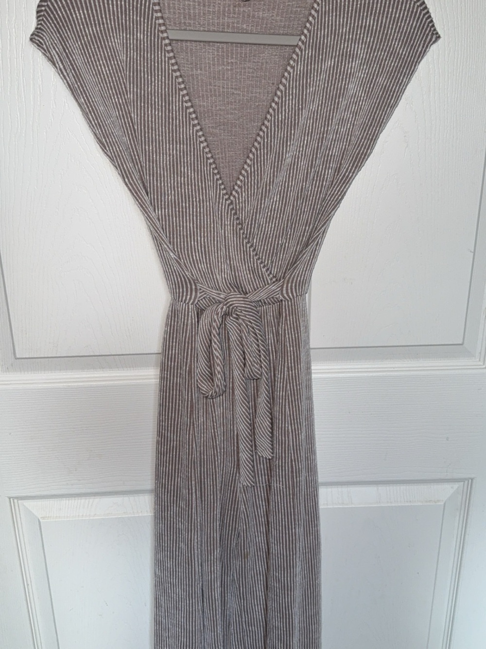 Striped Taupe Wrap Maxi Romper with Belt